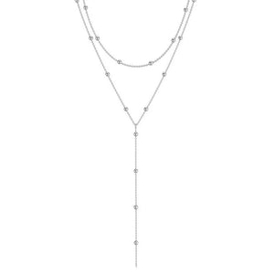 Lariat worn by model, stacked chains style