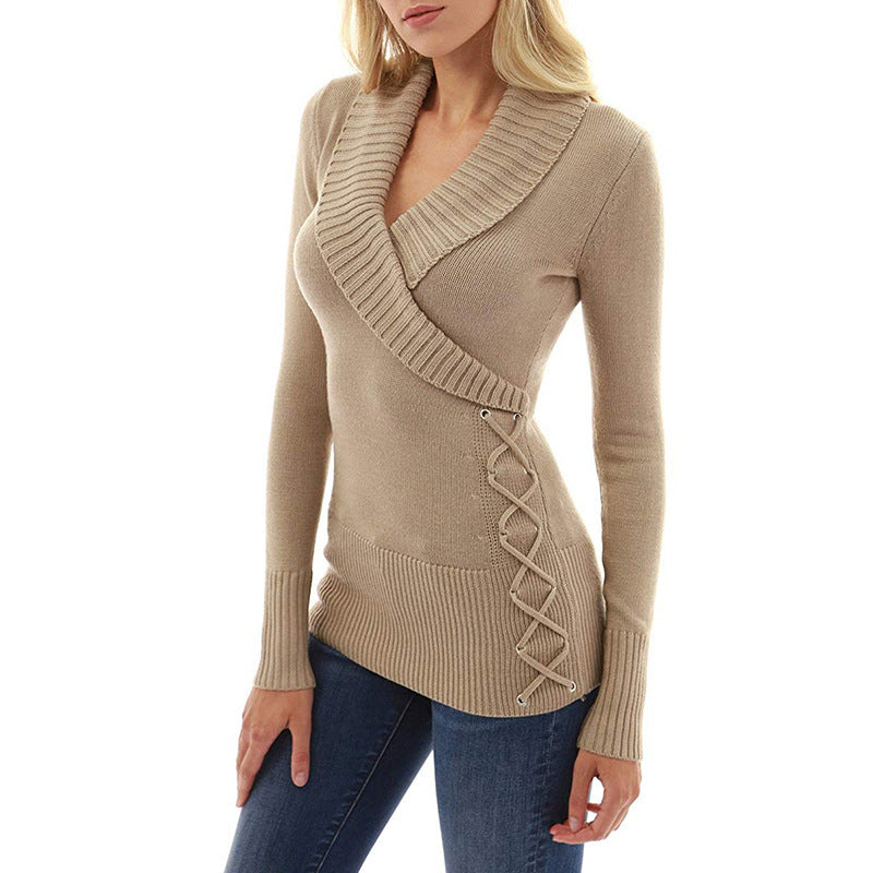 Celynia Soft Solid Color V-Neck Pullover Solid Color Pullover Wrap Sweater