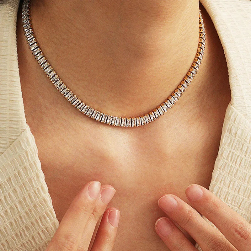 Tennis Choker worn by model, collar necklace style